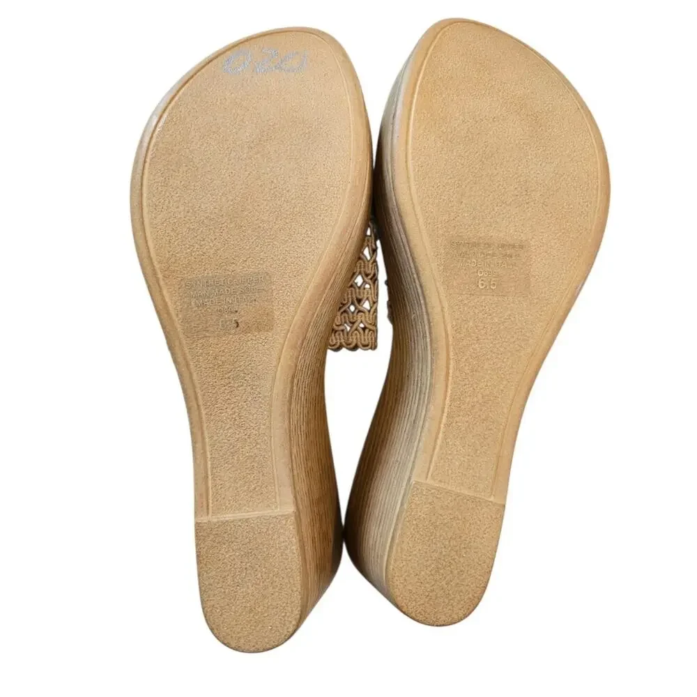 Mila Paoli Cream Colored Woven Rafia Classic Wooden Style Wedge Heel Sandal